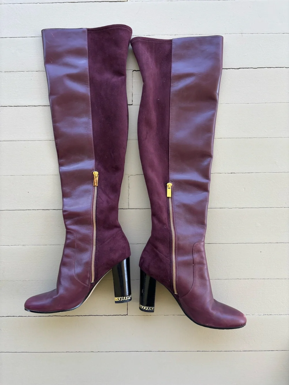Michael Kors Over-the-Knee Leather & Suede Boots in Burgundy